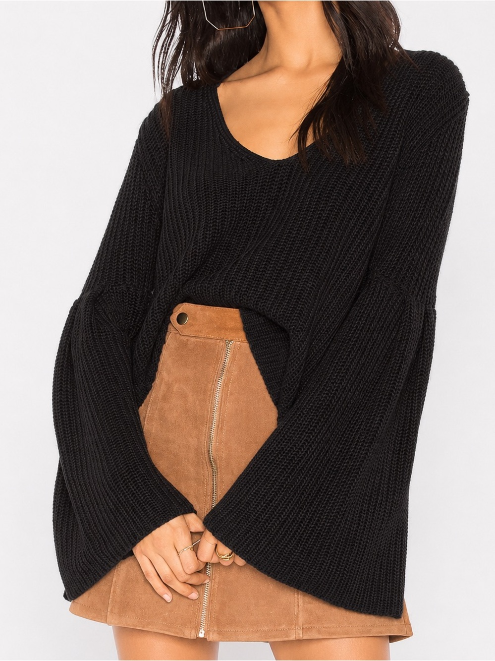 Free People Damsel Black Bell Sleeve Knit Sweater